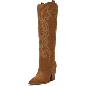 Women's Suede Brown Knee High Cowgirl Pointed Toe Chunky Heel Slip On Boots